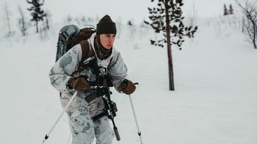 U.S. Marine Corps Lance Cpl. Steven Brantley, a native of Grosse Ile, Michigan, and a rifleman with 3rd Battalion, 6th Marine Regiment, 2d Marine Division, II Marine Expeditionary Force, skis prior to Exercise Cold Response 2022, Setermoen, Norway, Feb. 18, 2022. Exercise Cold Response '22 is a biennial Norwegian national readiness and defense exercise that takes place across Norway, with participation from each of its military services, as well as from 26 additional North Atlantic Treaty Organization allied nations and regional partners. (U.S. Marine Corps photo by Lance Cpl. Jacqueline C. Arre)