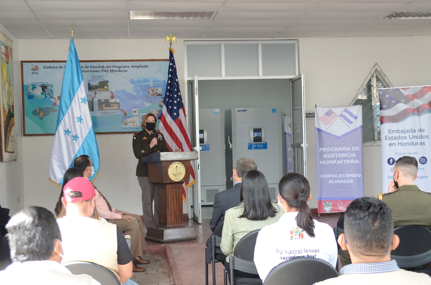 U.S. Army Gen. Laura Richardson, commander of U.S. Southern Command, speaks during a ceremony as the United States donated 18 freezers to the Honduran Ministry of Health.