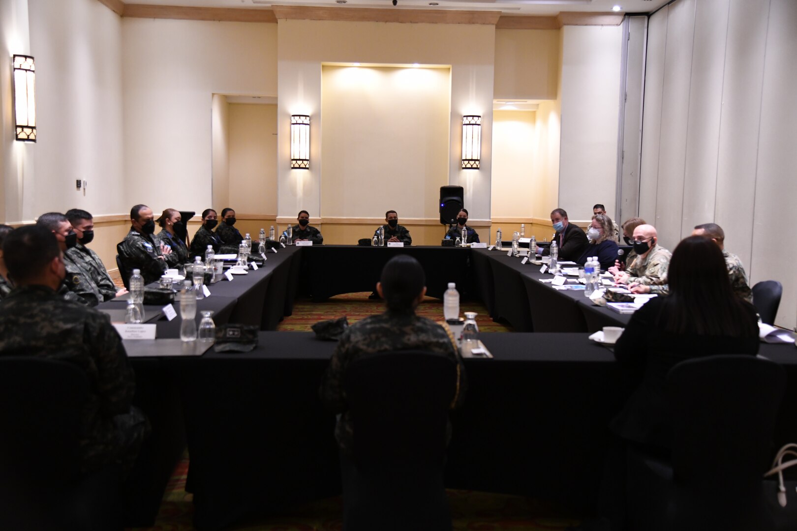 U.S. Army Gen. Laura Richardson, commander of U.S. Southern Command, and U.S. Army Command Sgt. Maj. Benjamin Jones, SOUTHCOM Senior Enlisted Advisor, take part in a roundtable discussion with Honduran military personnel.
