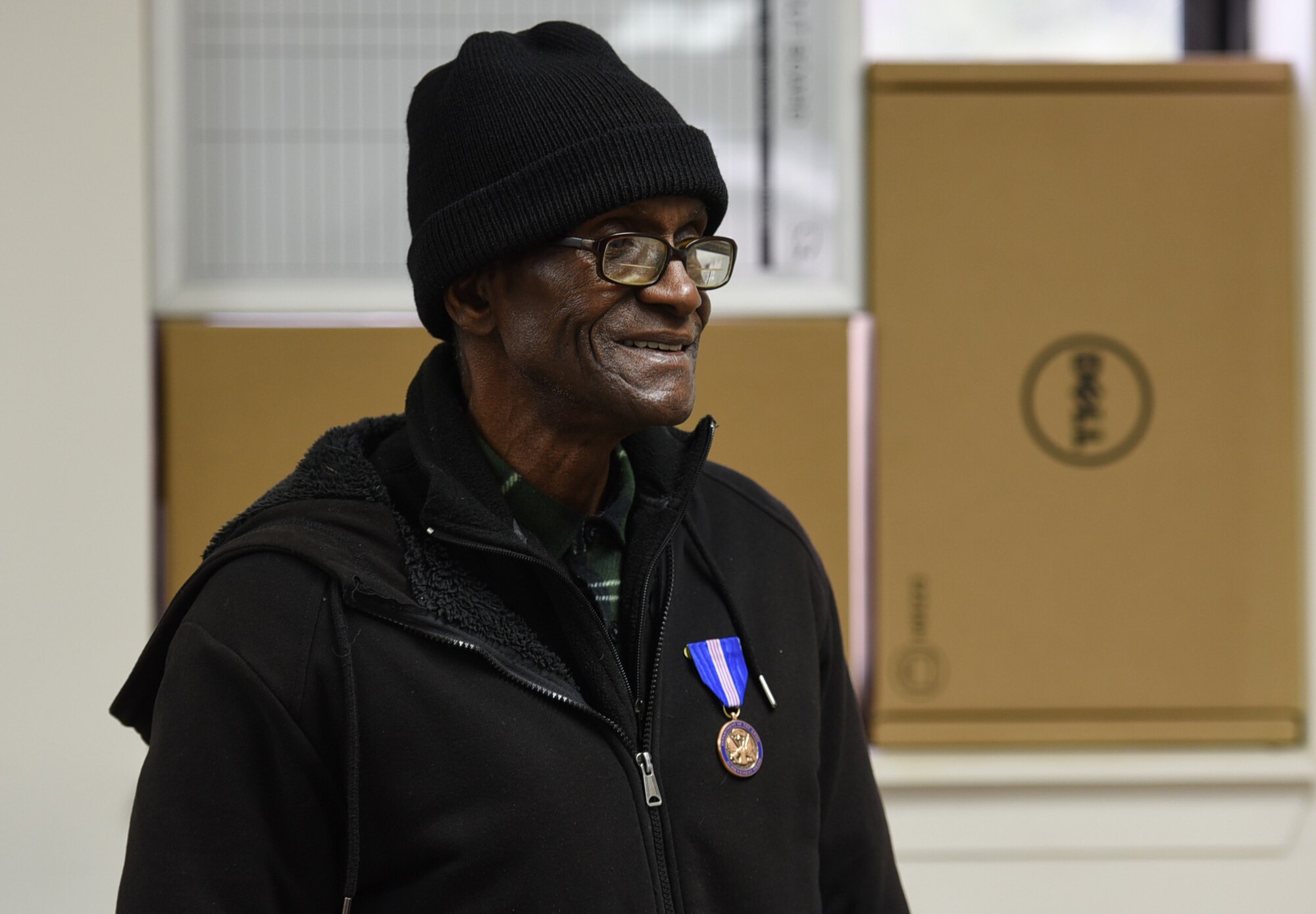 Eugene Freeman, Army Support Activity-Fort Dix Training Division carpenter, laughs during his retirement ceremony on Joint Base MDL, N.J., Feb. 24, 2022. Freeman is the division’s longest term employee having served more than 50 years. He originally joined the military after being drafted into the Vietnam War, after returning to New Jersey he continued serving the U.S. as a civilian. (U.S. Air Force photo by Senior Airman Ariel Owings)