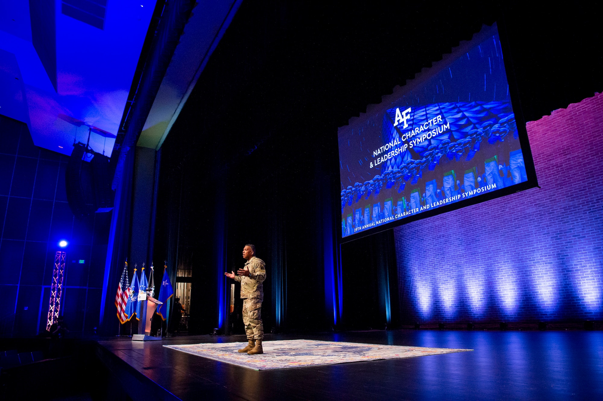 Superintendent of the U.S. Air Force Academy Lt. Gen. Richard Clark opens the 2022 National Character and Leadership Symposium with comments on the importance of ethics and respect for all to an audience of cadets, service members and staff in Arnold Hall Theater, Colorado Springs, Colo., Feb. 24, 2022. (U.S. Air Force photo by Joshua Armstrong)