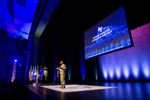 Superintendent of the U.S. Air Force Academy Lt. Gen. Richard Clark opens the 2022 National Character and Leadership Symposium with comments on the importance of ethics and respect for all to an audience of cadets, service members and staff in Arnold Hall Theater, Colorado Springs, Colo., Feb. 24, 2022. (U.S. Air Force photo by Joshua Armstrong)