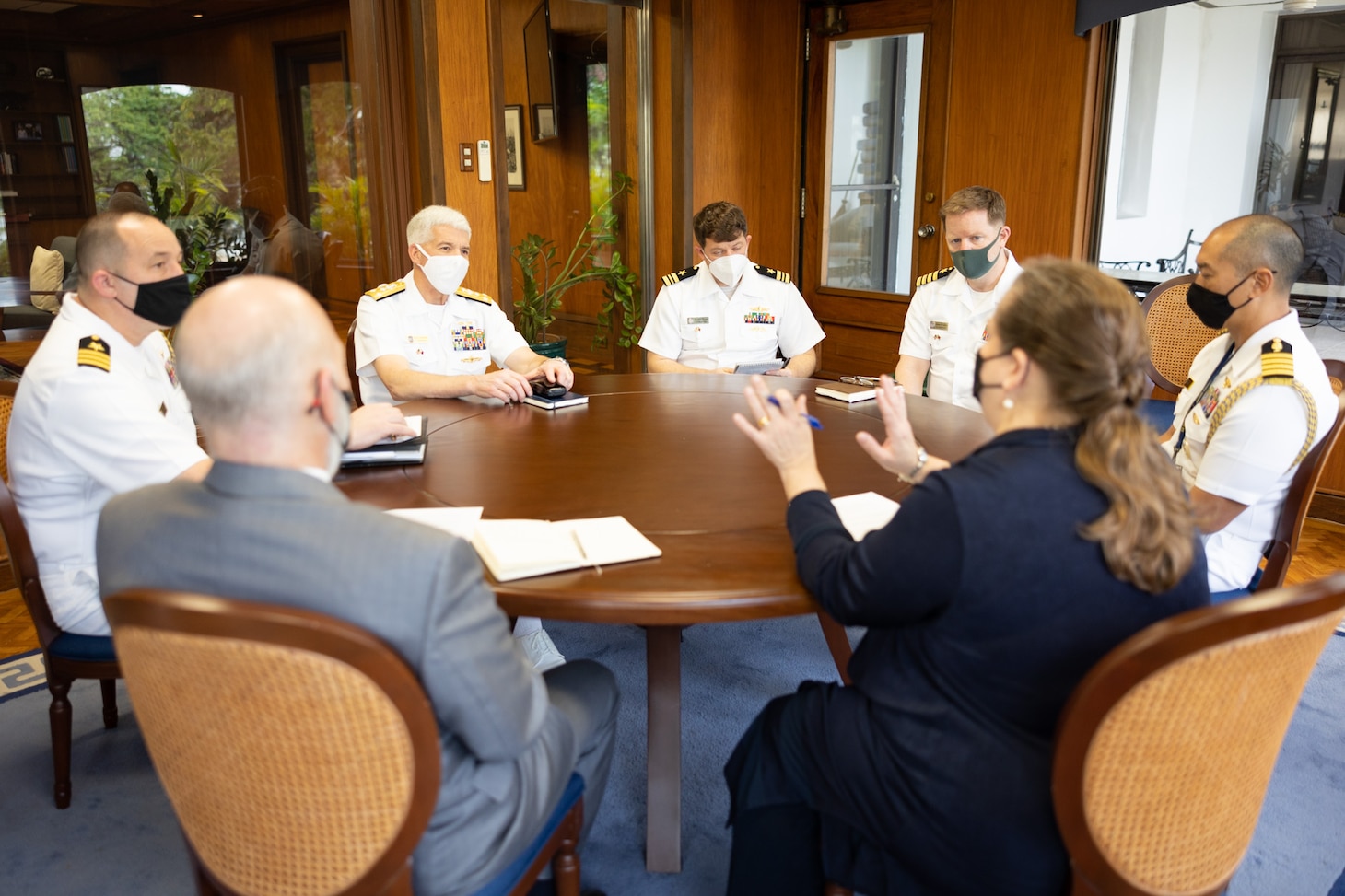 MANILA, Philippines (Feb. 22, 2022) Commander, U.S. 7th Fleet, Vice Adm. center-left, and members of his staff meet with U.S. Embassy in the Philippines Chargé d'Affaires ad interim Heather Variava, right-front, during a recent trip to Manila for U.S. 7th Fleet-Philippine Fleet Staff Talks 2022, Feb. 22. (Photo courtesy of U.S. Embassy in the Philippines Public Affairs)