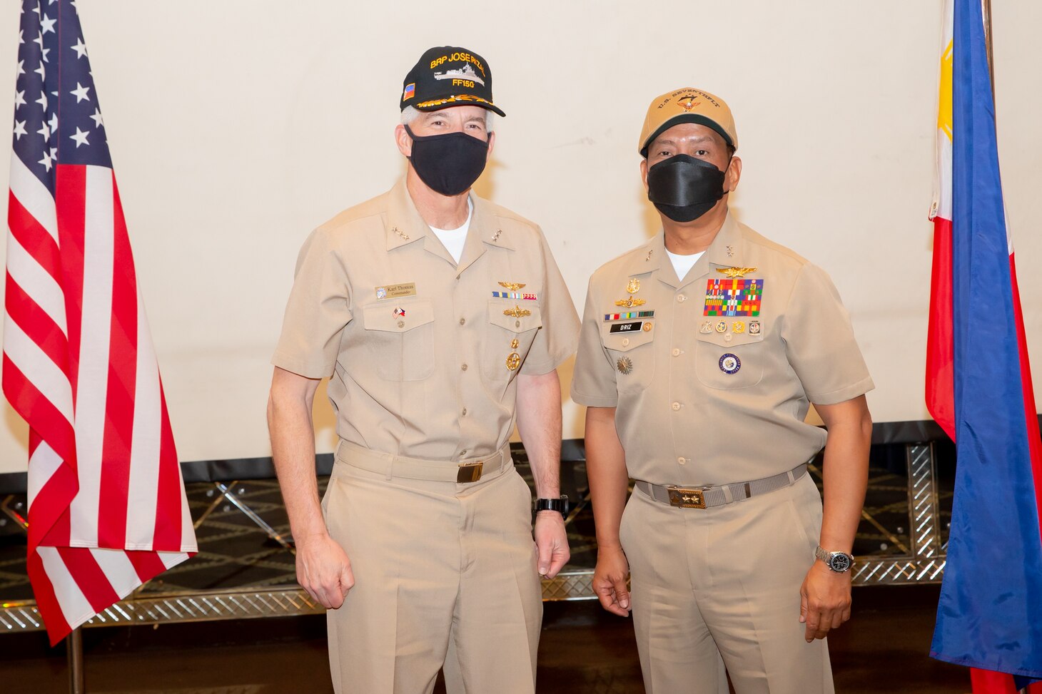 MANILLA, Philippines (Feb. 22, 2022) Vice Adm. Karl Thomas, commander, U.S. 7th Fleet, left, poses for a photo with Rear Adm. Nichols Driz, Philippine Navy fleet commander, during a recent trip to Manila for U.S. 7th Fleet-Philippine Fleet Staff Talks 2022, Feb. 22. (Photo courtesy of U.S. Embassy in the Philippines Public Affairs)