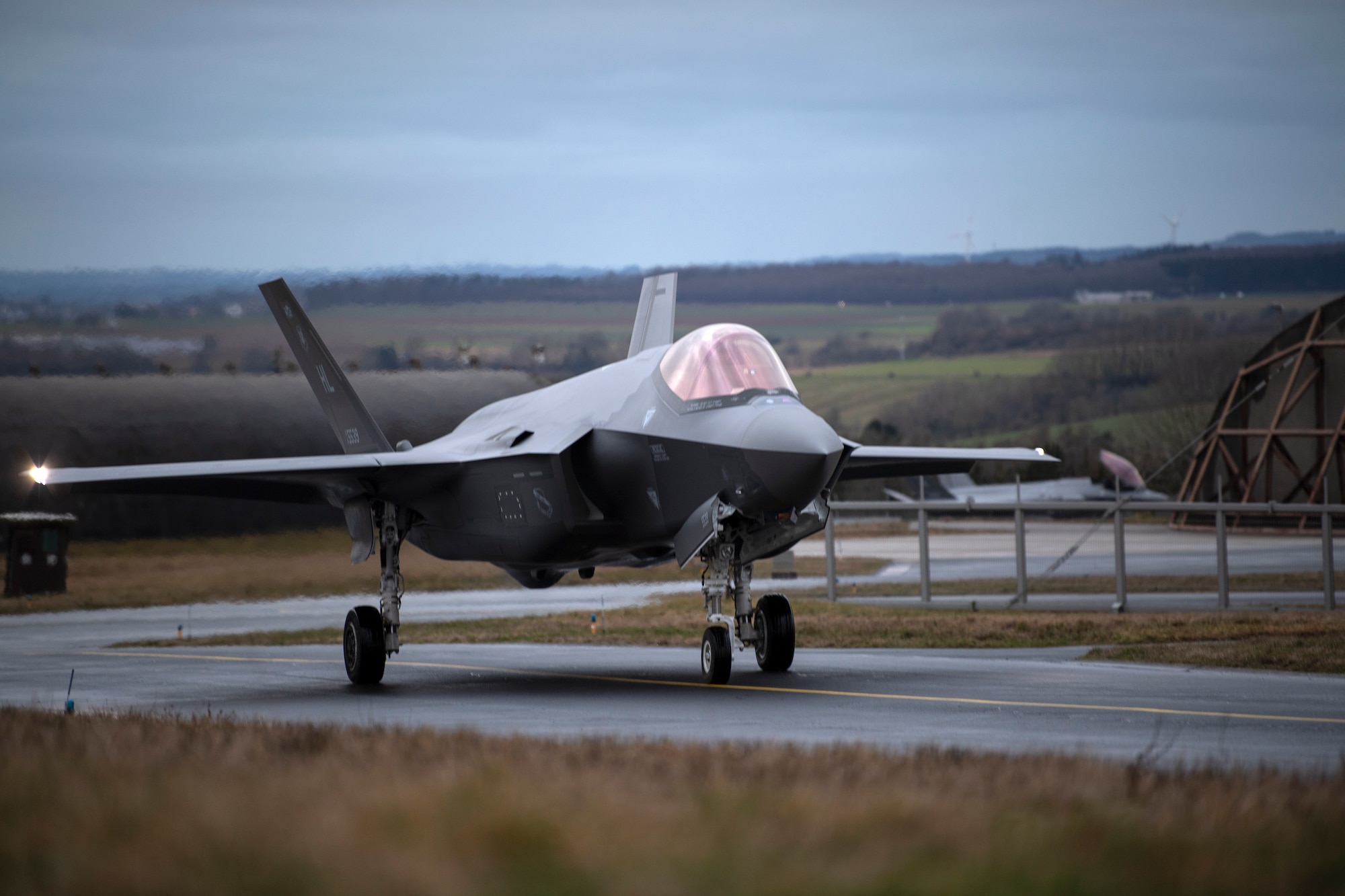 A U.S. Air Force F-35A Lightning II from the 34th Fighter Squadron at Hill Air Force Base, Utah, taxis to an aircraft shelter on Spangdahlem Air Base, Germany, Feb. 16, 2022.