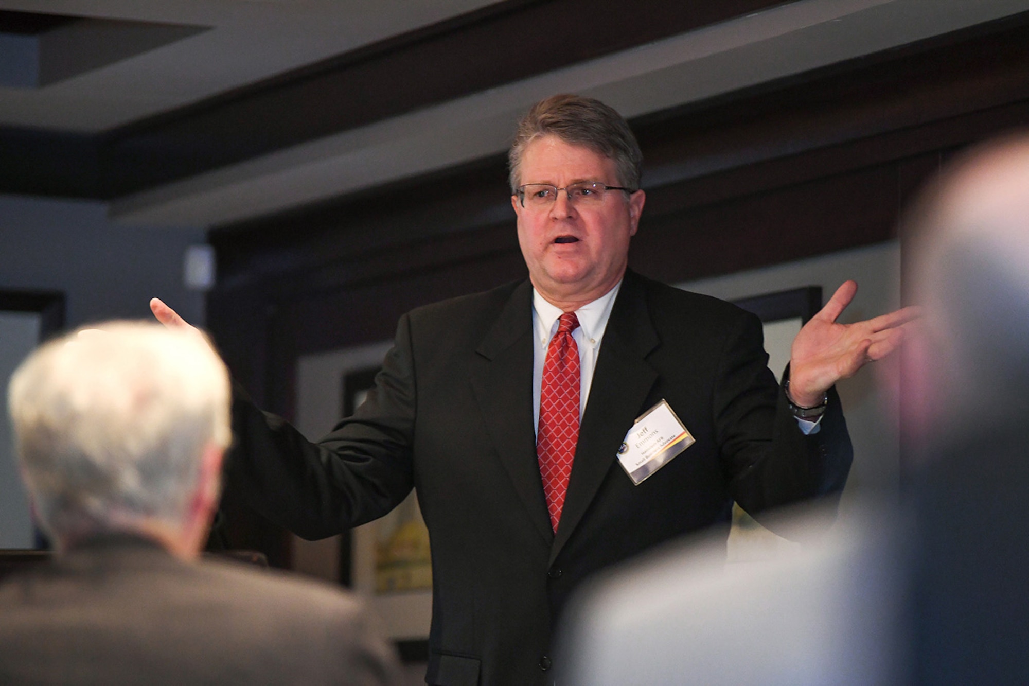 Jeff Emmons, director of Small Business Programs for Hanscom Air Force Base, Mass., speaks to attendees during a Hanscom Representatives Association meeting in Lexington, Mass., in April 2018. In fiscal year 2021, the Command, Control, Communications, Intelligence and Networks Directorate; Digital Directorate; and the Nuclear Command, Control and Communications Integration Directorate awarded over $1.4 billion to small businesses, exceeding their combined goal of $840 million. (U.S. Air Force photo by Todd Maki)