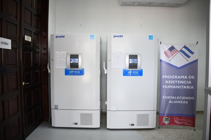 A display of two of 18 freezers the United States donated to the Honduran Ministry of Health to increase the nation's cold storage capacity for COVID-19 vaccines.