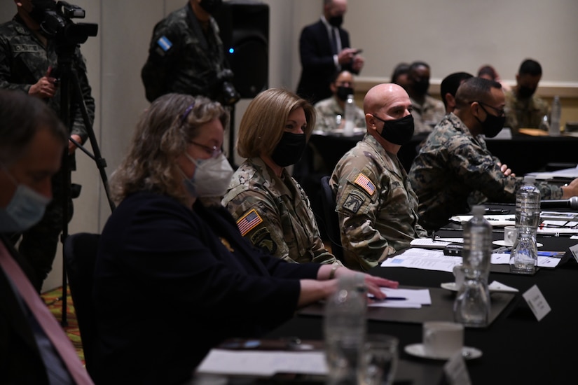 U.S. Army Gen. Laura Richardson, commander of U.S. Southern Command, and U.S. Army Command Sgt. Maj. Benjamin Jones, SOUTHCOM Senior Enlisted Advisor, take part in a roundtable discussion with Honduran military personnel.