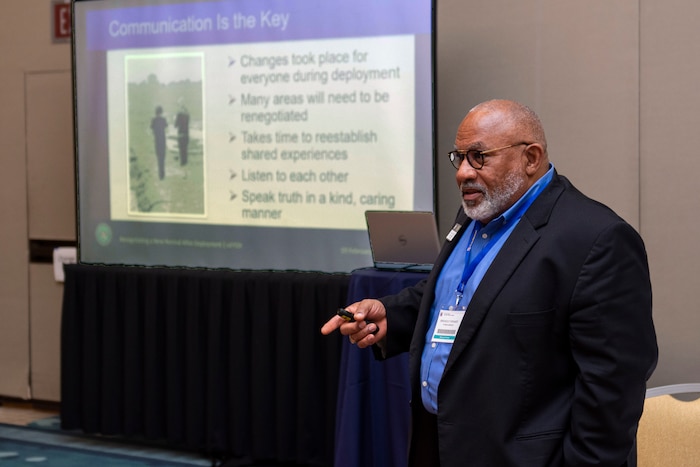 Photo of Wyman Winbush leading a discussion at a Yellow Ribbon event in Orlando, Feb. 19, 2022.