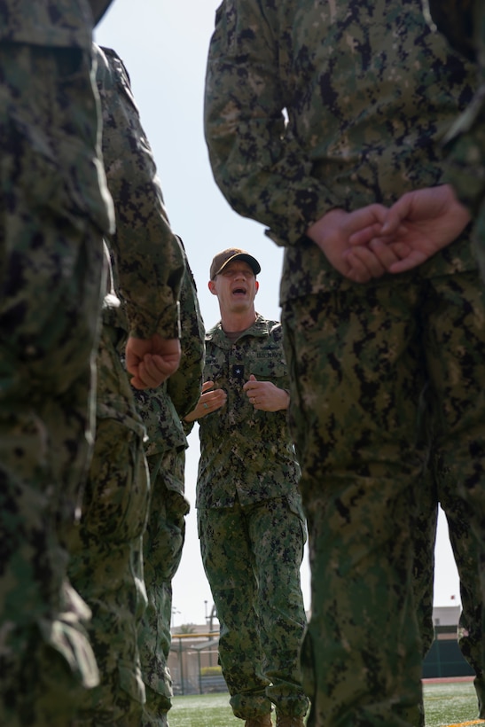 22020206-N-CR519-1070 MANAMA, Bahrain (Feb. 06, 2022) Rear Adm. Robert C. Nowakowski, reserve vice commander, U.S. Naval Forces Central Command, talks to Navy Reserve Sailors in Bahrain supporting International Maritime Exercise/Cutlass Express 2022. IMX/Cutlass Express 2022 is the largest multinational training event in the Middle East, involving more than 60 nations and international organizations committed to enhancing partnerships and interoperability to strengthen maritime security and stability. (U.S. Navy photo by Mass Communication Specialist 2nd Class Helen Brown)