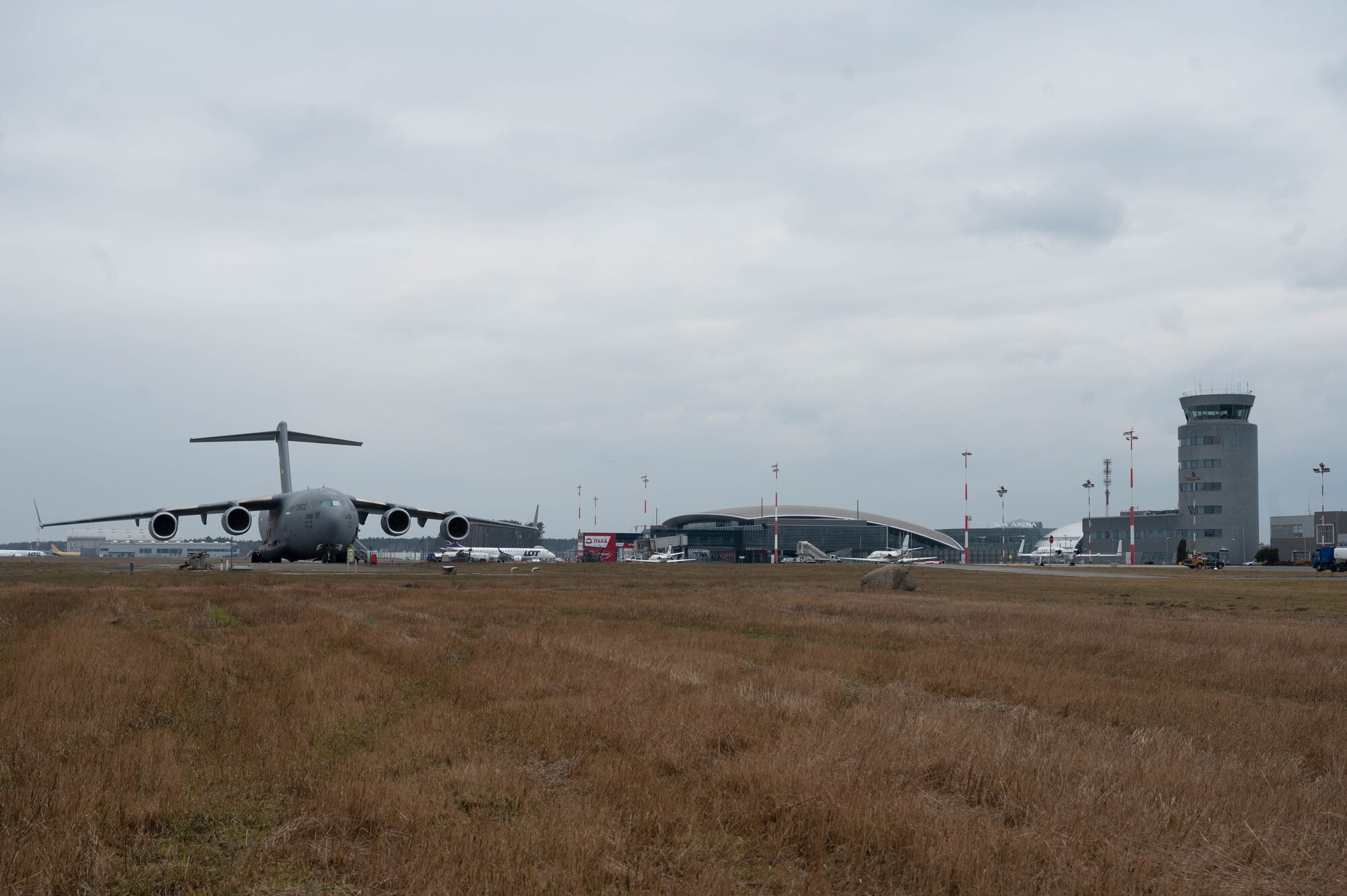 A C-17 Globemaster III rests at Rzeszow-Jasionka Airport.