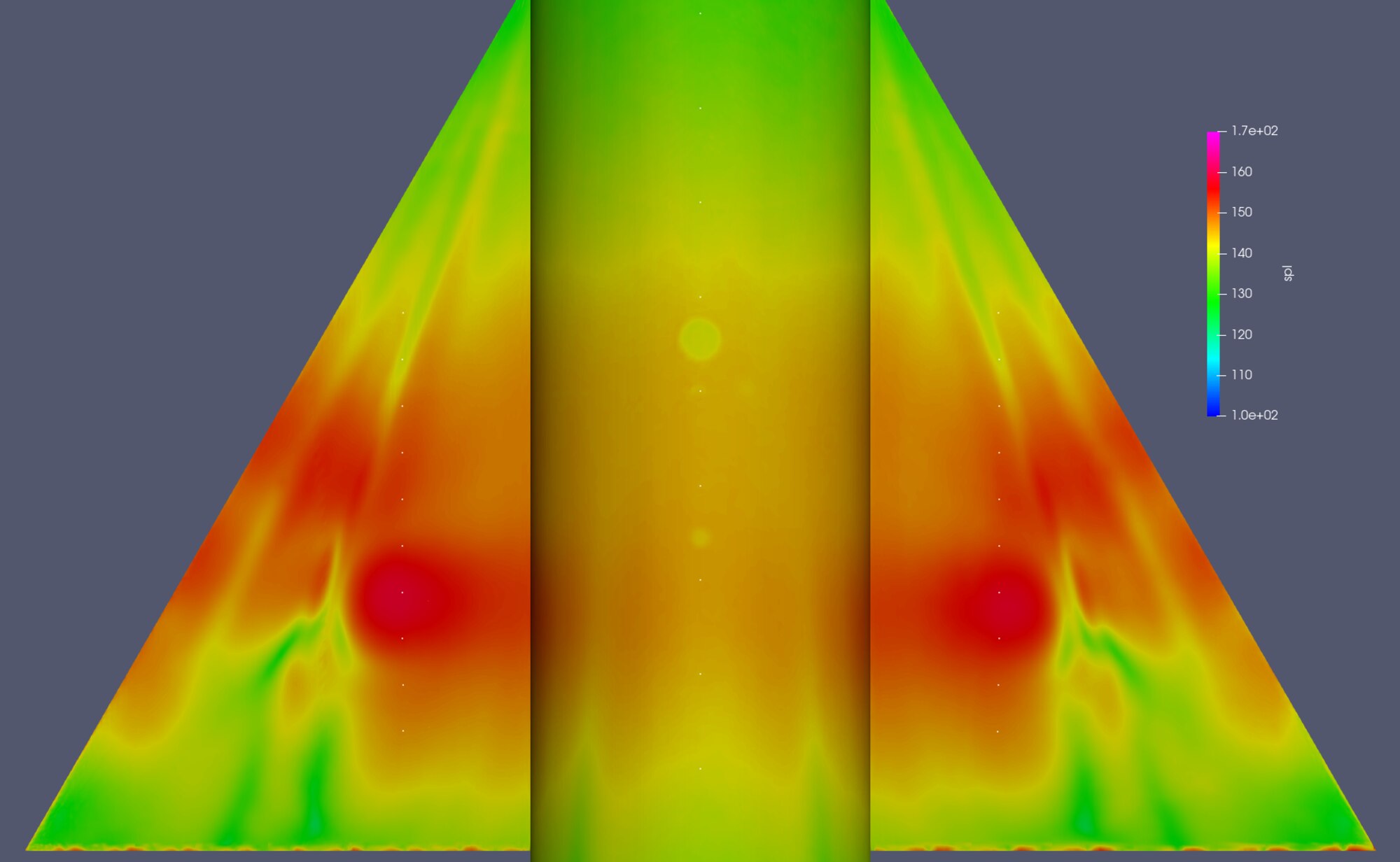 This image shows the Sound Pressure Level distribution at 53.7 hertz frequency at Mach 0.8, Alpha 15 degrees on an AGARD-C model.