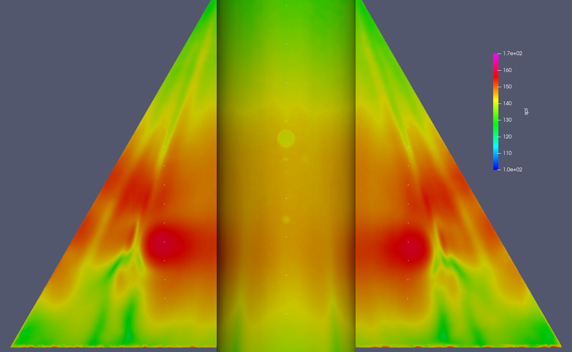 This image shows the Sound Pressure Level distribution at 53.7 hertz frequency at Mach 0.8, Alpha 15 degrees on an AGARD-C model.