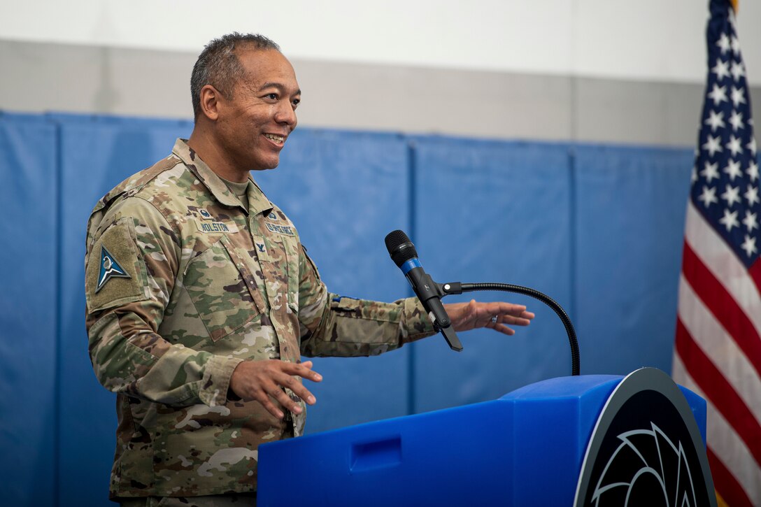 SCHRIEVER SPACE FORCE BASE, Colo. – U.S Space Force Col. Matthew Holston, Space Delta 8 - Satellite Communications and Navigational Warfare commander, provides words of encouragement to the newly activated 8th Combat Training Squadron at Schriever Space Force Base, Colorado, Feb. 8, 2022.