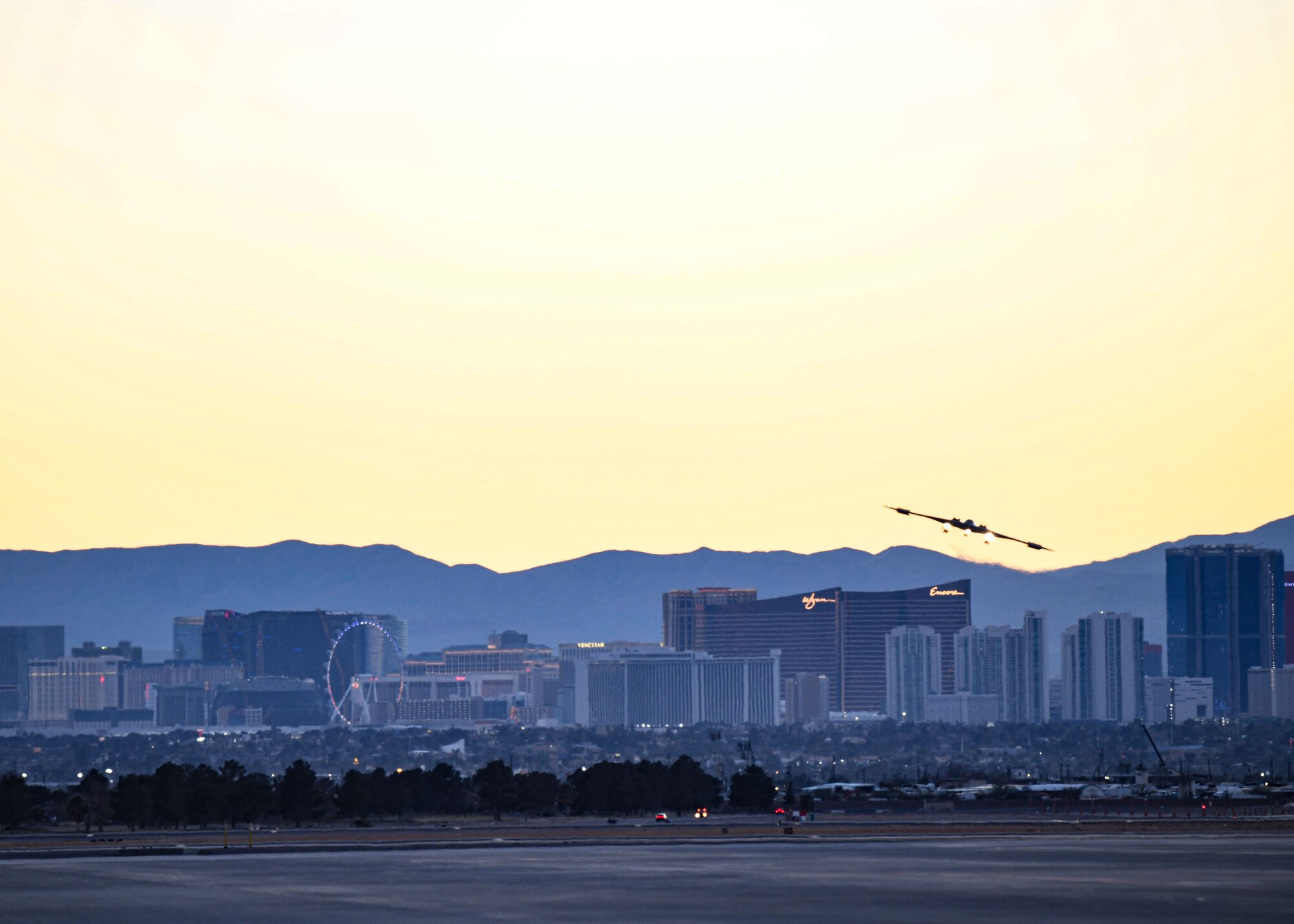 A B-2 Spirit Flies over Nellis Air Force Base.