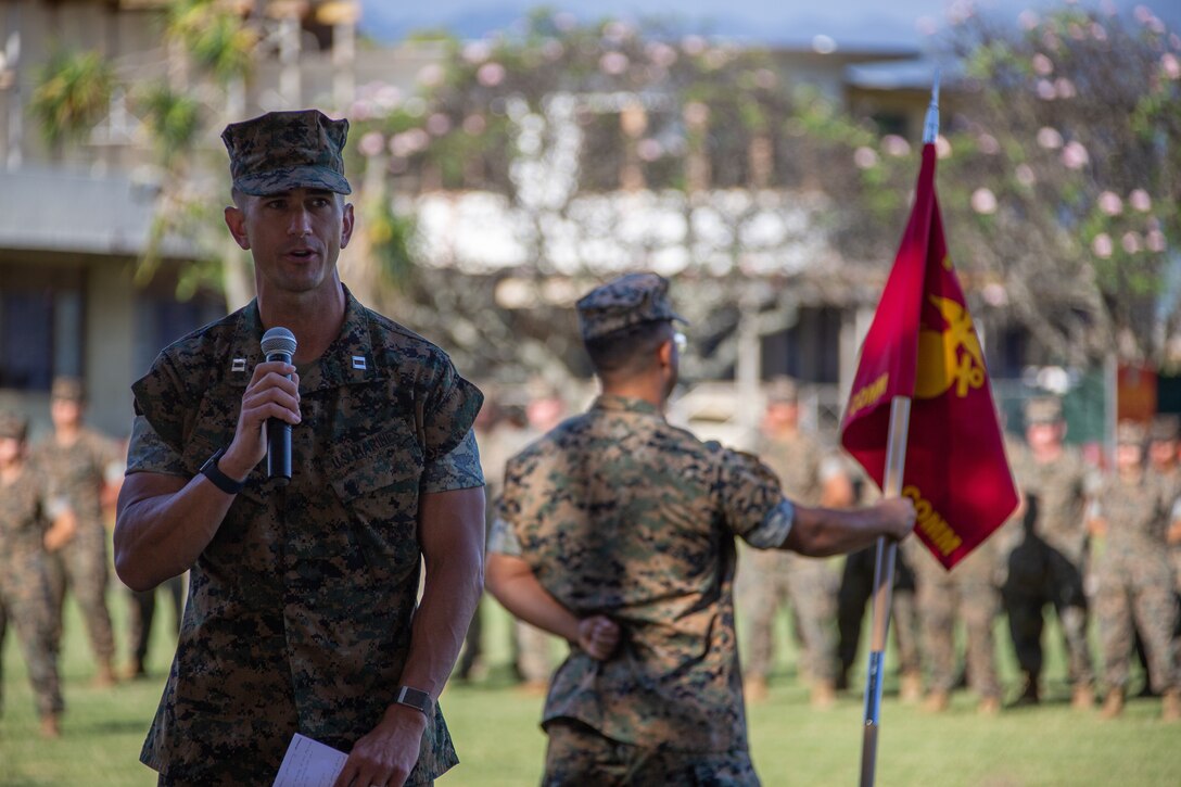 U.S. Marine Corps Capt. David Noble, company commander, Communications Company, 3d Marines, 3d Marine Division, gives remarks during an activation ceremony on Marine Corps Base Hawaii, Feb. 24, 2022. The Communications Company will serve as a critical enabler to the future 3d Marine Littoral Regiment, capable of integrating with the Joint Force, and will provide command and control capabilities to Marines distributed across wide areas of the Indo-Pacific region. (U.S. Marine Corps photo by Sgt. Melanye Martinez)