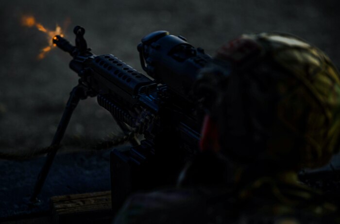 9th Security Forces Squadron (SFS) Airman fires his weapon Feb. 15, 2022, at Beale Air Force Base, California.