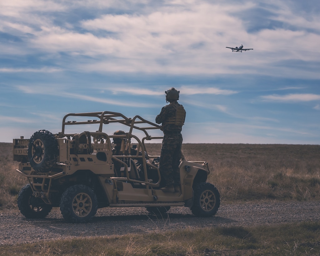 U.S. Marines with 1st Air Naval Gunfire Liaison Company (ANGLICO), I Marine Expeditionary Force Information Group, observe an impact area during close air support training at Saylor Creek Bombing Range, Idaho, April 30, 2021. 1st ANGLICO conducted joint close air support training with the 124th Fighter Wing, Idaho Air National Guard in support of Nomad Mountain Home 21.3. This training provides opportunities for Marines to increase their proficiency and lethality with close air support coordination while operating in a field environment. (U.S. Marine Corps photo by Cp. Andrew Skiver)