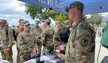 Capt. Richard Colvin, executive officer to the U.S. Army Space and Missile Defense Command’s deputy commanding general for operations, talks to cadets during the U.S. Military Academy at West Point’s Branch Week, Sept. 9, 2021. Space and Missile Defense Center of Excellence’s Army Space Personnel Development Office seeks Army officers with STEM degrees who will commission into military service soon about an assured transfer into FA40 space operations at the four-year point of their military careers. In 2021, 20 cadets were selected for the program. (U.S. Army photo by Lira Frye)