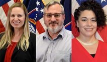 From left, Amanda Clark, Ronald Bailey and Cindy Ford pose for photos after receiving their Civilian of the Year awards. USASMDC hosted an awards ceremony Dec. 7, 2021 to recognize the contributions of these individuals to the command and the Army. (U.S. Army Photos by Carrie David Campbell and Dottie White)