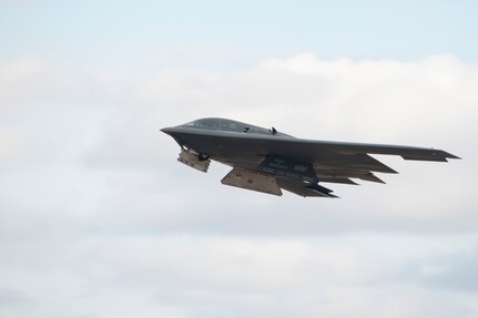 A B-2 Spirit stealth bomber takes off for a training mission at Whiteman Air Force Base, Missouri, Jan. 27, 2022. During the flight, Lt. Col. Drew M. Irmischer, 131st Bomb Wing B-2 pilot, became one of very few pilots to surpass 1,500 hours of flight time in the stealth aircraft.