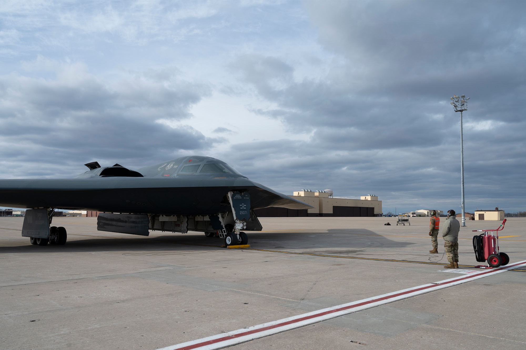 Lt. Col. Drew Irmischer, 131st Bomb Wing pilot, prepares to take off in a B-2 Spirit stealth bomber Jan. 27, 2022, at Whiteman Air Force Base, Missouri. Irmischer surpassed 1500 flight hours on this sortie, becoming one of only 17th aviators to achieve that distinction. (U.S. Air National Guard photo by Master Sgt. John E. Hillier)