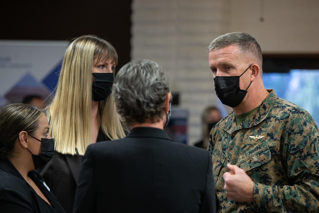 U.S. Marine Brig. Gen. Jason Woodworth, the commanding general of Marine Corps Installations West, Marine Corps Base Camp Pendleton, addresses questions or concerns from Liberty Military Housing staff members at the Base Housing Quality of Life open house at Marine Corps Family Team Building Center on Marine Corps Base Camp Pendleton, California, Feb. 23, 2022. The open house was held to increase awareness of current procedures, services and various resources available to residents along with addressing housing related questions or concerns. (U.S. Marine Corps photo by Lance Cpl. Mhecaela J. Watts)