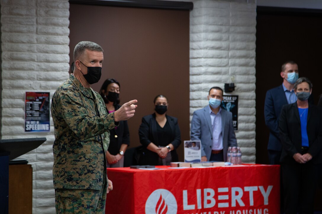 U.S. Marine Brig. Gen. Jason Woodworth, the commanding general of Marine Corps Installations West, Marine Corps Base Camp Pendleton, gives an opening speech at the Base Housing Quality of Life open house at Marine Corps Family Team Building Center on Marine Corps Base Camp Pendleton, California, Feb. 23, 2022. The open house was held to increase awareness of current procedures, services and various resources available to residents along with addressing housing related questions or concerns. (U.S. Marine Corps photo by Lance Cpl. Mhecaela J. Watts)