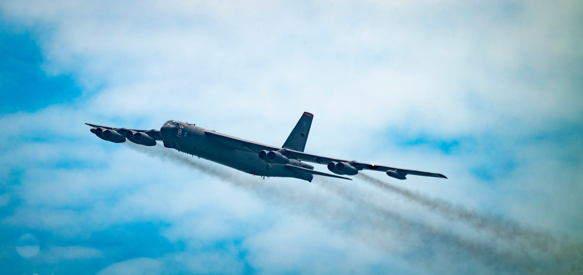 A U.S. Air Force B-52 Stratofortress assigned to the 96th Bomb Squadron, Barksdale Air Force Base, La., conducts a flyover