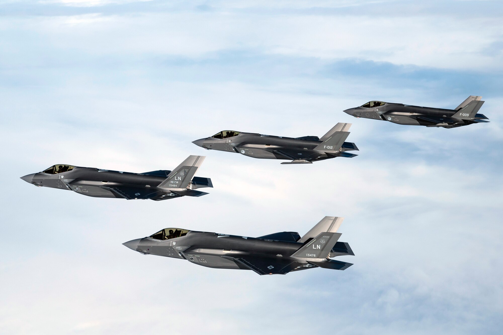 U.S. Air Force and Royal Netherlands Air Force F-35A Lightning II aircraft conduct a bilateral air-to-air training exercise over the Netherlands