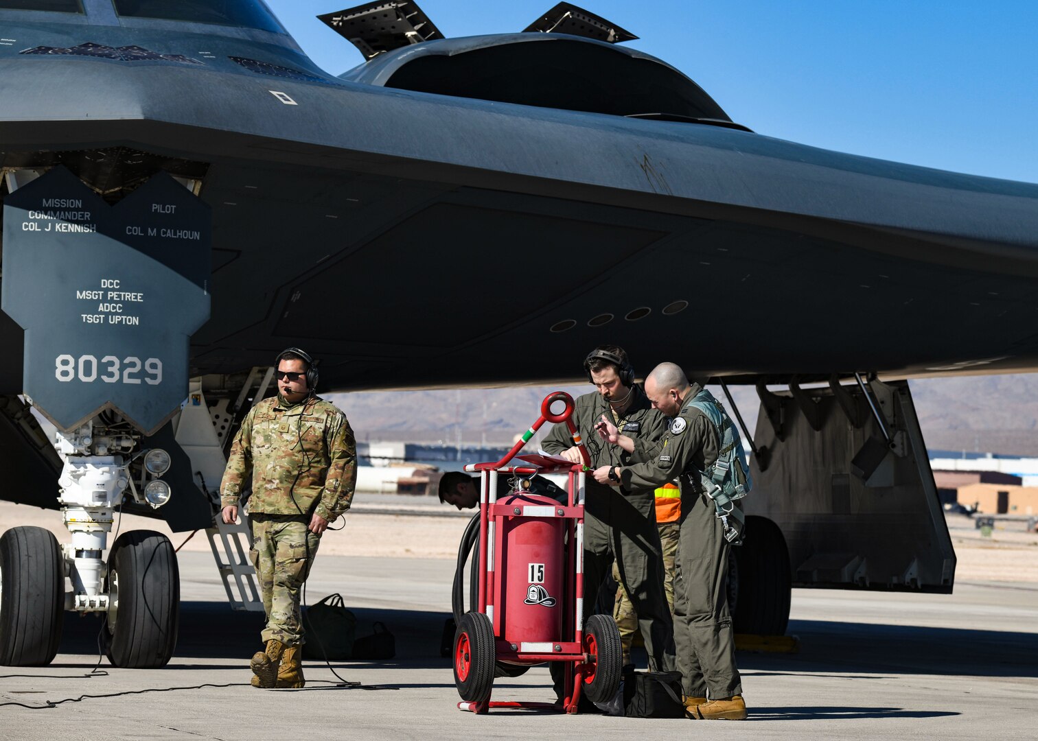 Airmen prepare a B-2 Spirit for takeoff.