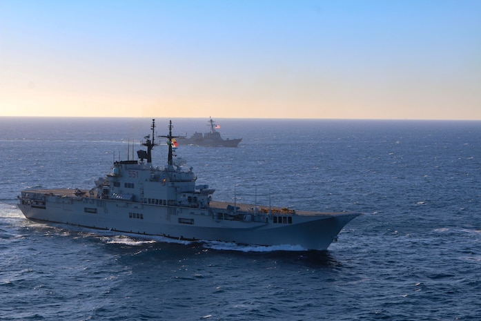 The Italian aircraft carrier ITS Giuseppe Garibaldi (C 551) sails in formation with Blue ridge-class amphibious command ship USS Mount Whitney (LCC 20) and the guided-missile destroyers USS Roosevelt (DDG 80) and USS Forrest Sherman (DDG 98), Feb 22.