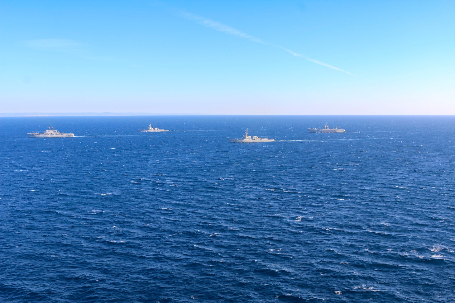 The Italian aircraft carrier ITS Giuseppe Garibaldi (C 551) sails in formation with Blue ridge-class amphibious command ship USS Mount Whitney (LCC 20) and the guided-missile destroyers USS Roosevelt (DDG 80) and USS Forrest Sherman (DDG 98), Feb 22.