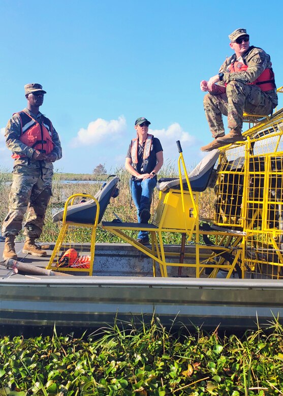 The U.S. Army Corps of Engineers' senior enlisted adviser Command Sgt. Maj. Patrickson Toussaint prepares for an airboat tour of Lake Okeechobee during a recent visited the Jacksonville District February 16-17. (USACE photo)