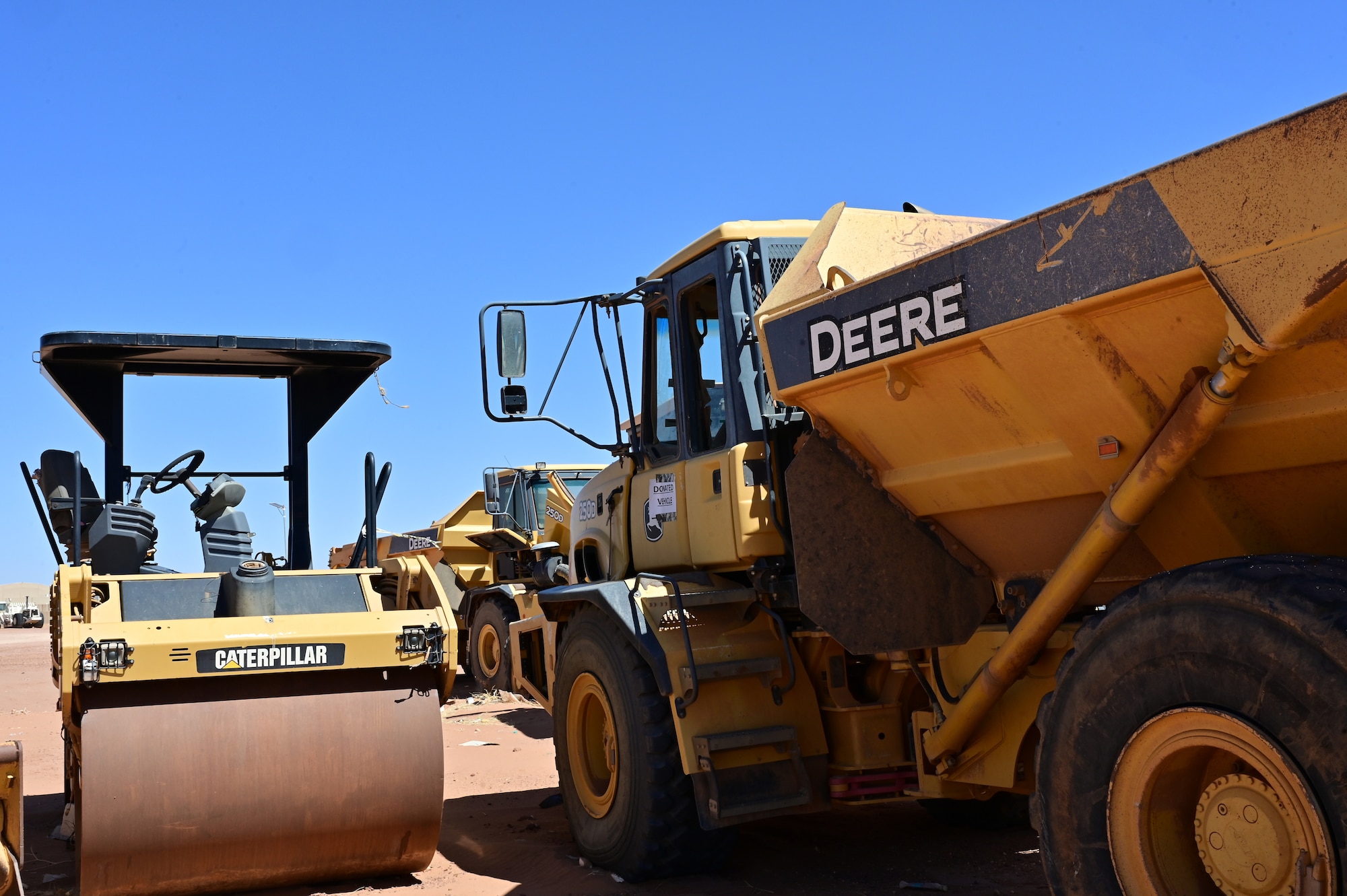 The 724th Expeditionary Air Base Squadron logistic readiness flight (LRF) received approval through the foreign excess personal property (FEPP) program to transfer approximately 30 construction vehicles, worth $5.5 million to the Government of Niger at Nigerien Air Base 201, Agadez, Niger, Feb. 11, 2022. The FEPP program is a process used by the U.S. government to permanently transfer unneeded property to a foreign government. This process saves taxpayer dollars and also increases partner nation’s defense capabilities. (U.S. Air Force photo by Tech. Sgt. Stephanie Longoria)