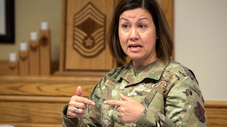 Chief Master Sgt. of the Air Force JoAnne S. Bass answers questions from Team Offutt Airmen while having breakfast during her visit to Offutt Air Force Base, Neb. July 19-21. (U.S. Air Force photo by Delanie Stafford)