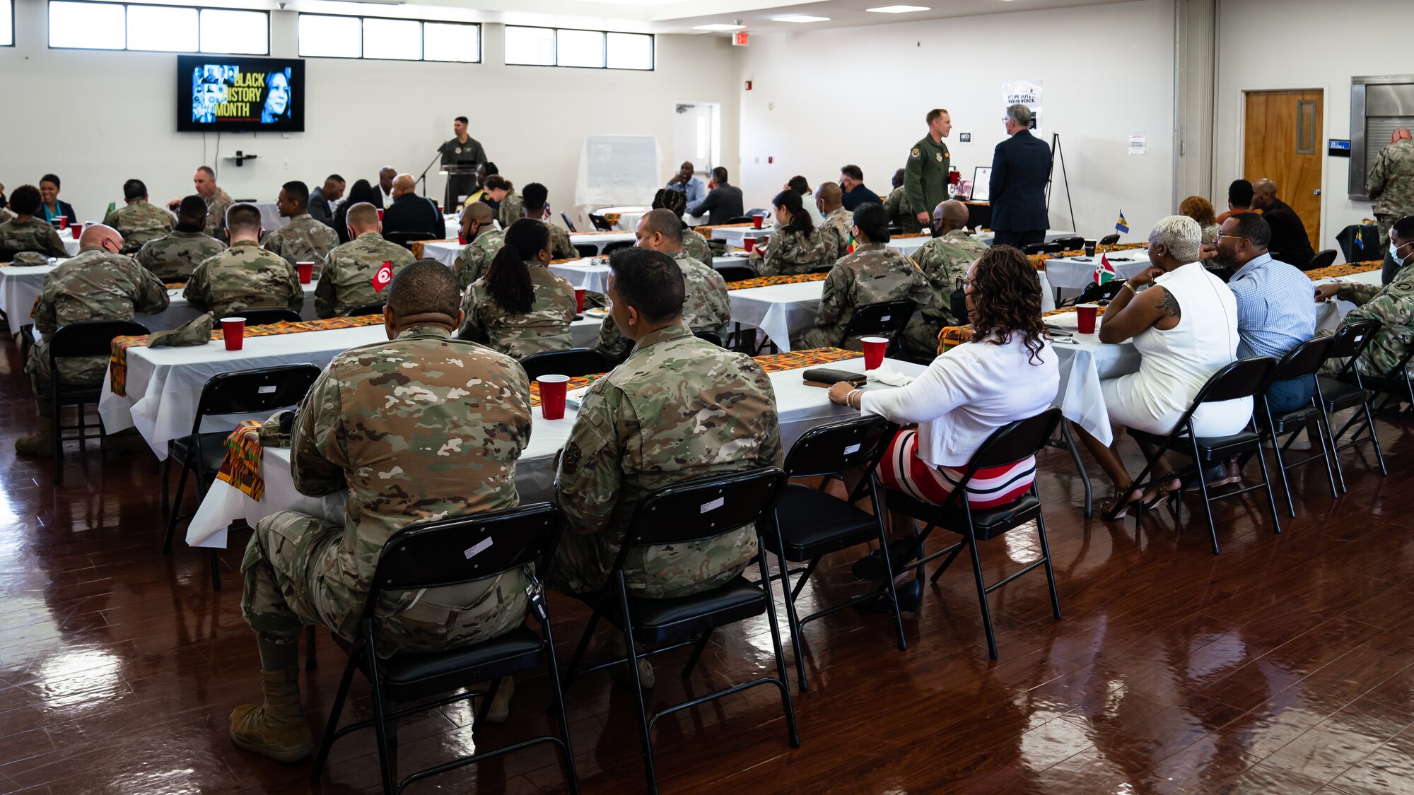 Members celebrate Black History Month at a commemorative luncheon at MacDill Air Force Base, Florida, Feb. 24, 2022. Black History Month is an annual celebration of achievements made by African Americans throughout U.S. history.