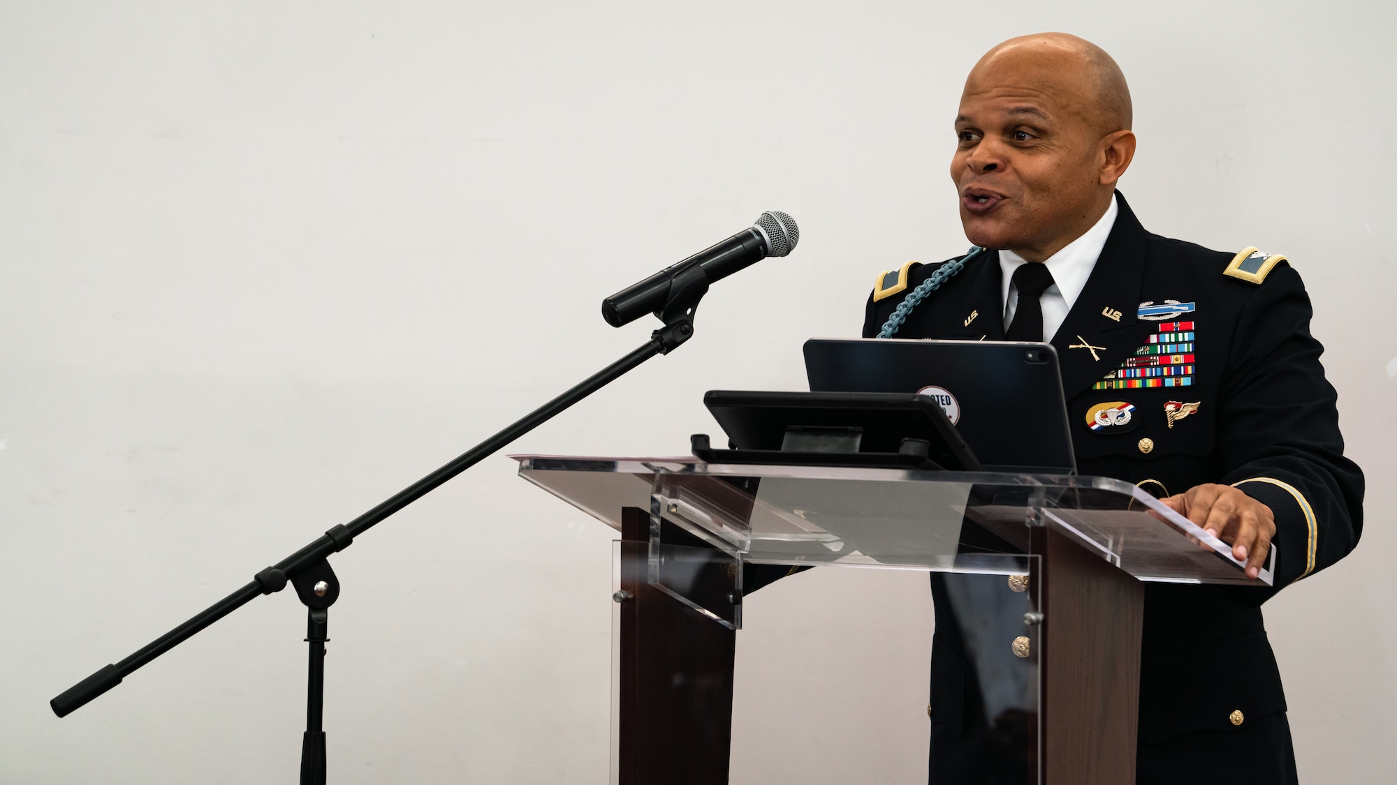 U.S. Army Col. Okera Anyabwile, U.S. Special Operations Command Wargame Center director, speaks to members as a distinguished guest at a commemorative luncheon celebrating Black History Month at MacDill Air Force Base, Florida, Feb. 24, 2022.