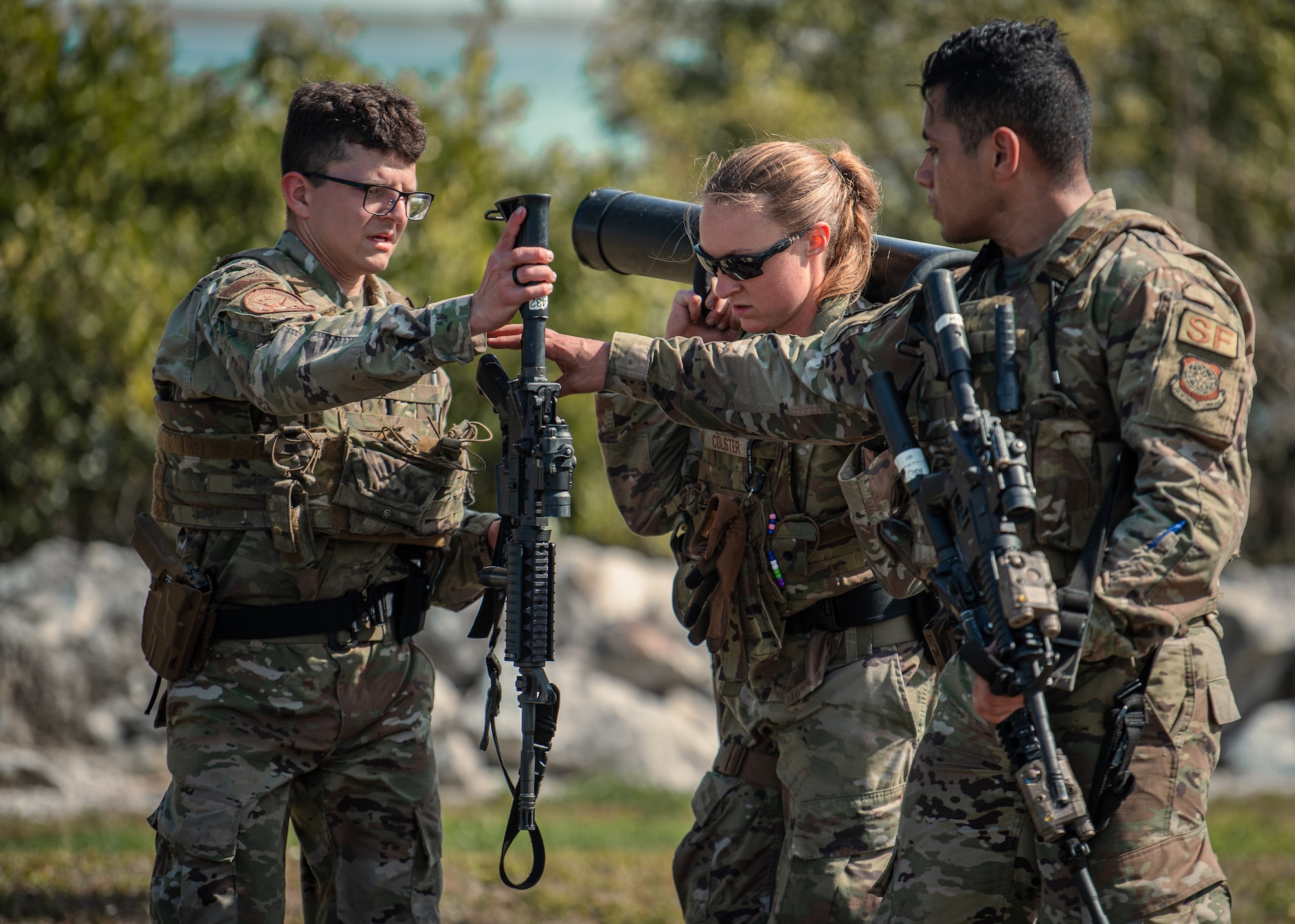 Airmen from the 6th Security Forces Squadron complete a drill exercise during Emergency Services Team tryouts at MacDill Air Force Base, Florida, Feb. 4, 2022.