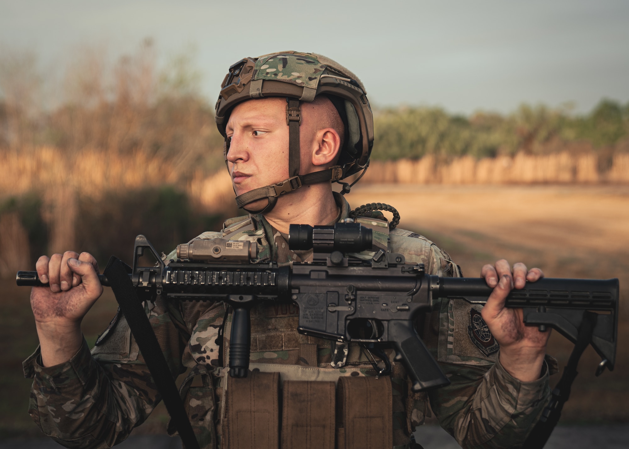 U.S. Air Force Senior Airman Ethan Vuckovich, 6th Security Forces Squadron commercial search gate member, runs through weapons exercises during Emergency Services Team (EST) tryouts at MacDill Air Force Base, Florida, Feb. 4, 2022.