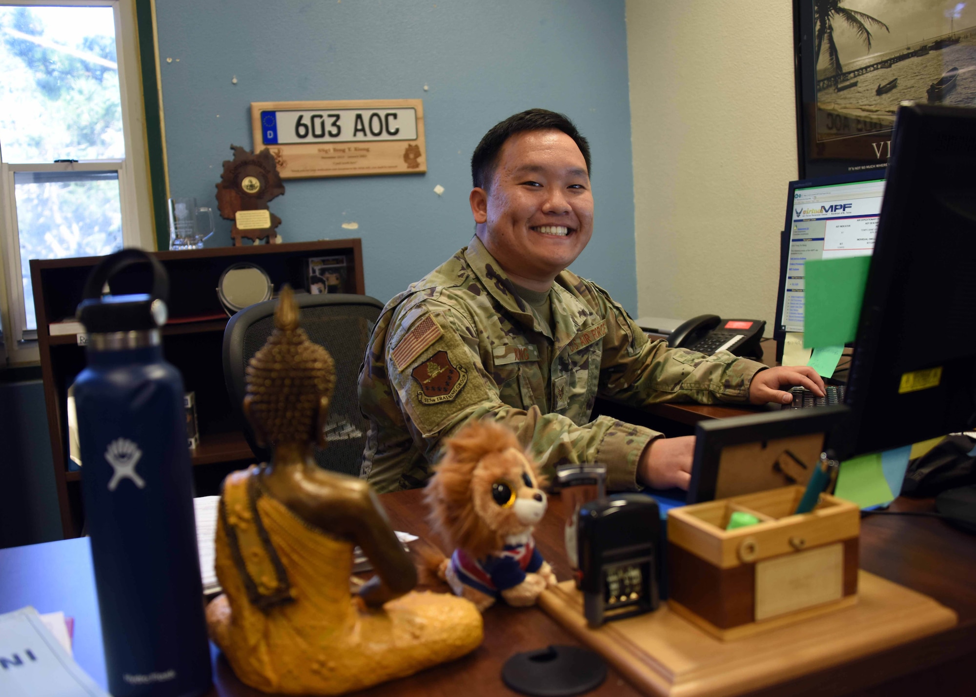 U.S. Air Force Staff Sgt. Yong Ye Xiong, 517th Training Group military personnel section non-commissioned officer in charge, poses for a portrait photo at the Presidio of Monterey, California. Xiong was recognized as the 17th Training Wing Service Member of the Month for February 2022. This award recognizes service members for their hard work, outstanding performance and dedication to their careers. (Courtesy photo)