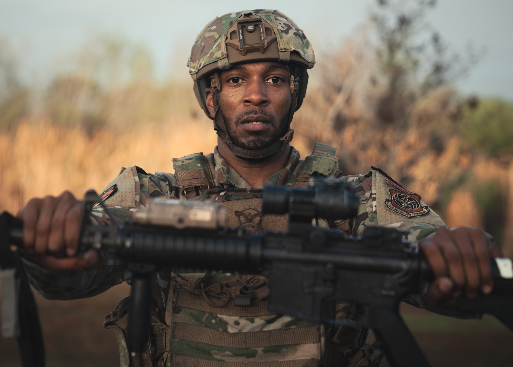 U.S. Air Force Staff Sgt. Quon Green, 6th Security Forces Squadron defender, runs through weapons exercises during Emergency Services Team (EST) tryouts at MacDill Air Force Base, Florida, Feb. 4, 2022.
