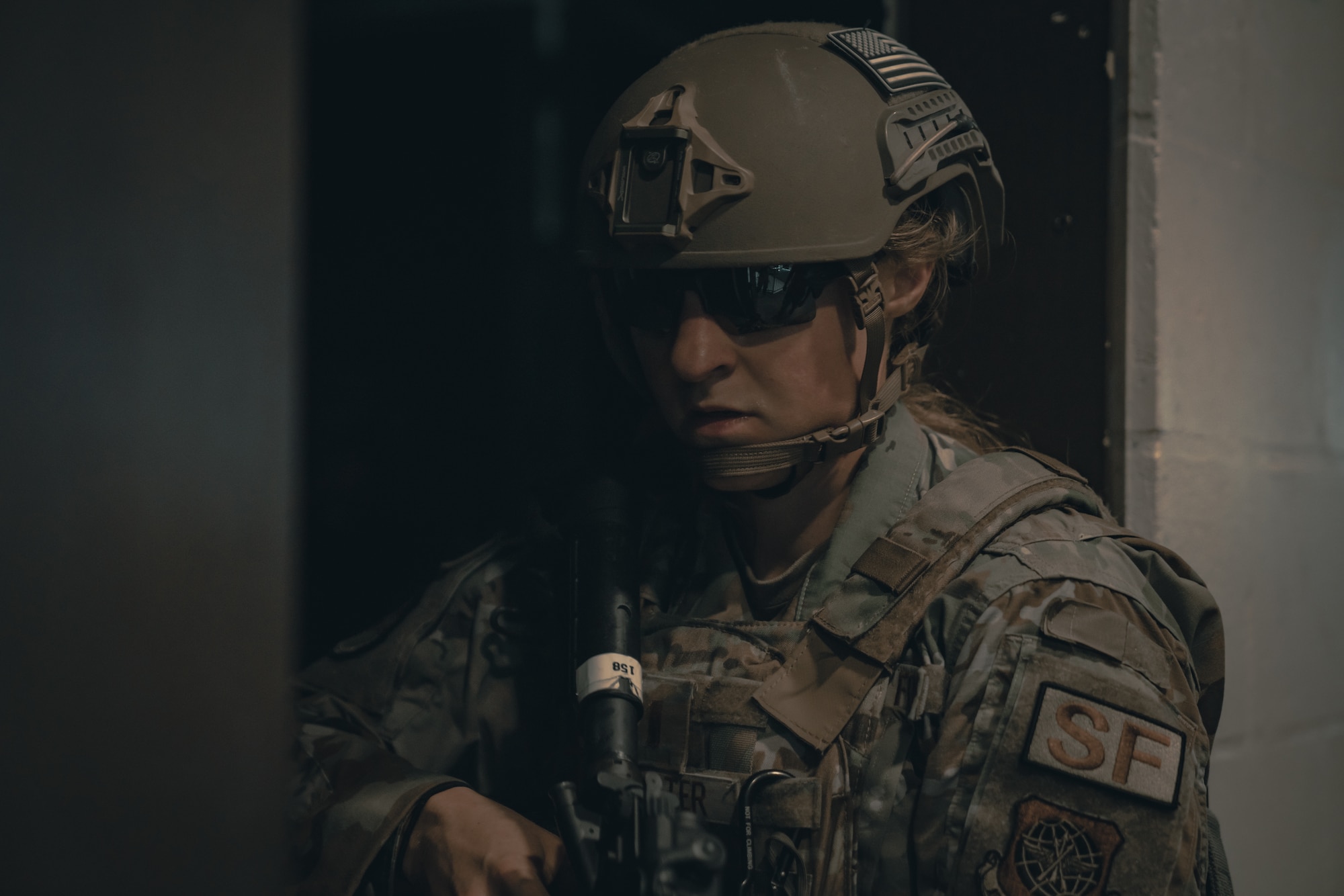 U.S. Air Force 2nd Lt. Emily Colster, 6th Security Forces Squadron flight commander, engages in a simulated exercise during Emergency Services Team (EST) tryouts at MacDill Air Force Base, Florida, Feb. 4, 2022.