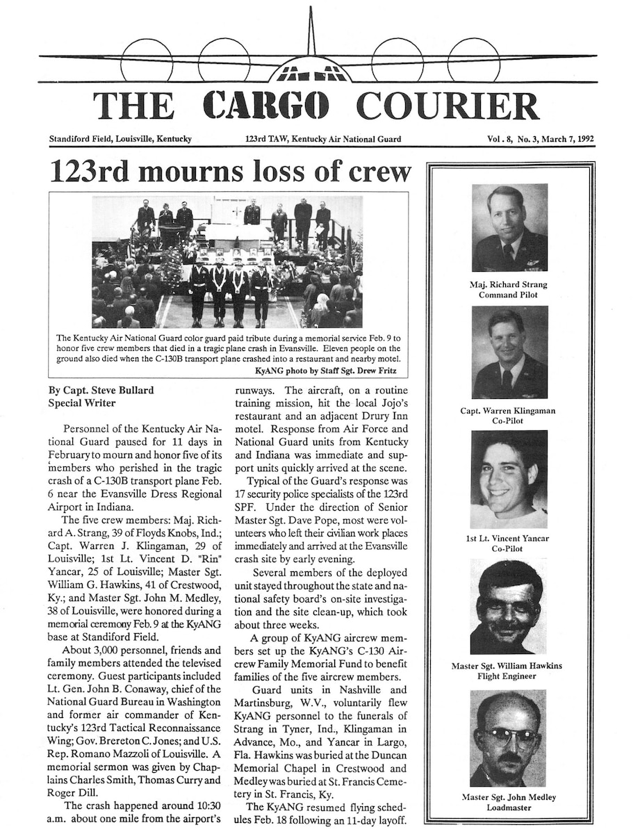 The base newspaper of the 123rd Tactical Airlift Wing provided coverage of a fatal C-130B Hercules crash in Evansville, Ind., on Feb. 6 1992. The mishap claimed 16 lives. (U.S. Air National Guard photo by Dale Greer)