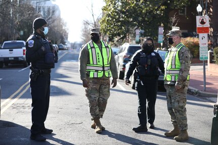 DCNG Soldiers and Airmen will wear high-visibility vests while on duty making them easy to identify them. Secretary of Defense Lloyd J. Austin III approved an MPD request for DCNG assistance with traffic control in the District Feb. 22. The approval allows 400 DCNG members to assist MPD at traffic control points in the area of the U.S. Capitol and National Mall in anticipation of First Amendment demonstrations expected in the city. (U.S. Army National Guard photo by Sgt. Richard Trinh)