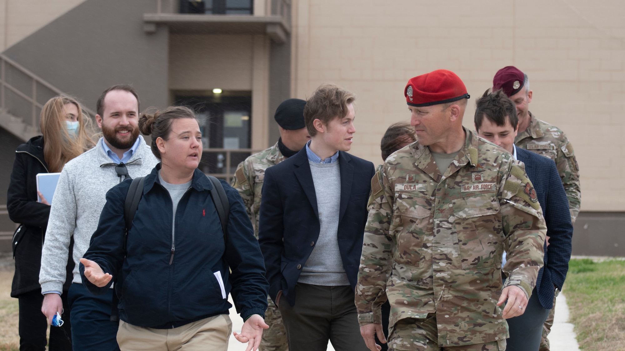 Col. Mason Dula (right), Special Warfare Training Wing commander, speaks with Technical Sgt. Amber Swearengin (left), Secretary of the Air Force Legislative Liaison during a tour of the Special Warfare Training Wing’s facilities on Joint Base San Antonio-Chapman Training Annex, Texas, Feb. 23, 2022. A delegation of U.S. Senate staff members visited the SWTW to learn more about Air Force Special Warfare and the unique capabilities AFSPECWAR operators bring to the battlefield.
