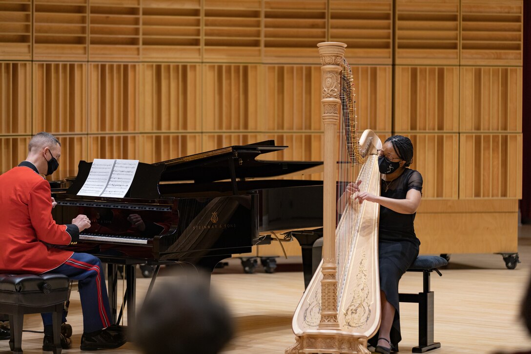 Third place winner Olivia Tilley of Springfield, VA, performs Karl Ditters von Dittersdorf's Harp Concerto in A during the 2022 United States Marine Band Concerto Competition Finals.

(U.S. Marine Corps photo by Staff Sgt. Chase Baran/Released)