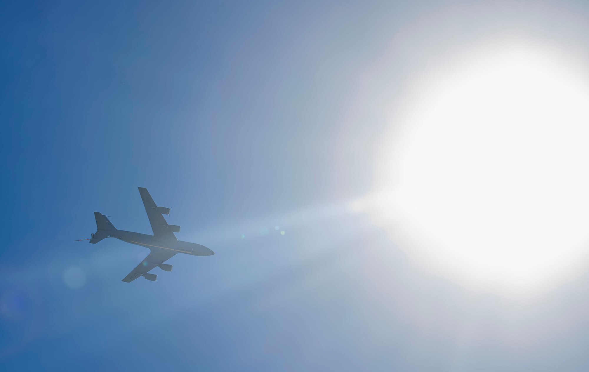 A KC-135 Stratotanker assigned to 91st Air Refueling Squadron from MacDill Air Force Base, flies over the Firestone Grand PRIX race in St. Petersburg, Florida, Feb. 27, 2022.