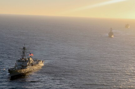 USS Forrest Sherman (DDG 98) transits the Bay of Dadiz with ITS Giuseppe Garibaldi, USS Roosevelt (DDG 80) and  USS Mount Whitney (LCC 20).