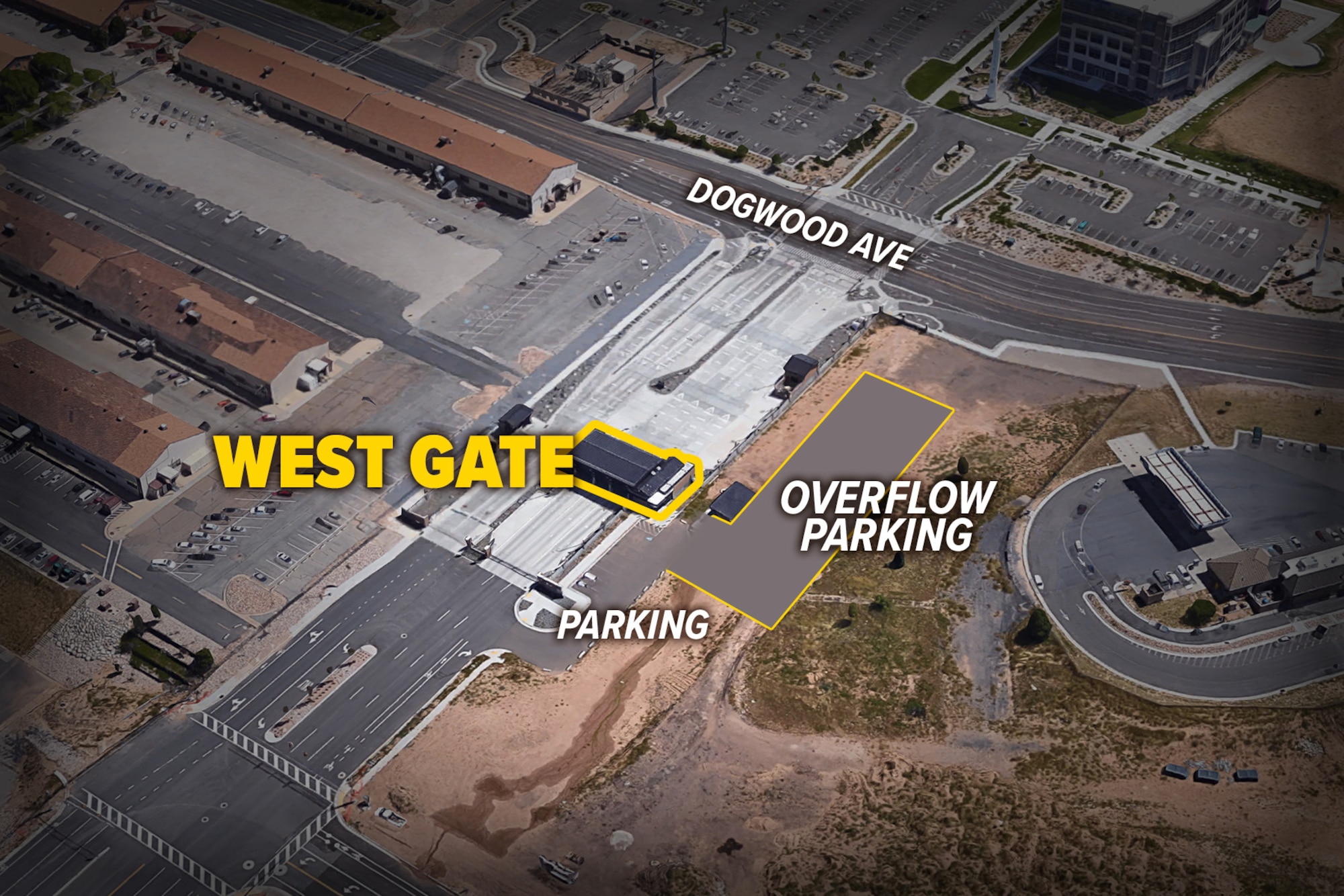 Map of where to park while the visitor control center is temporarily at the West Gate.